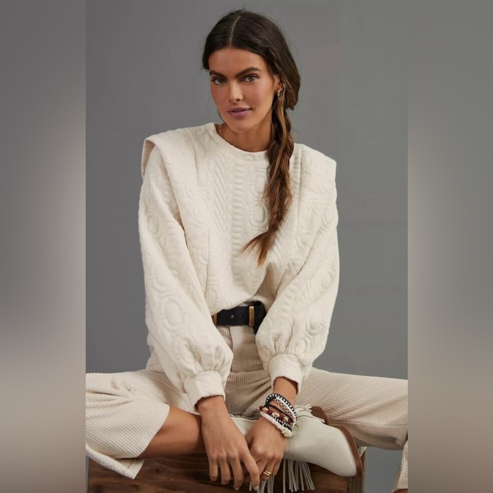 Nwt Anthropologie Find Me Now Puff Sleeve Quilted Sweater Ivory Size Xxs